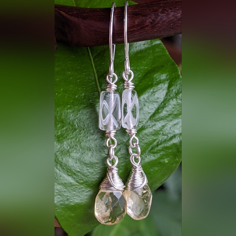Sterling Silver Citrine Drop Earrings With Carved Clear Quartz Gems - Picture 2 of 13